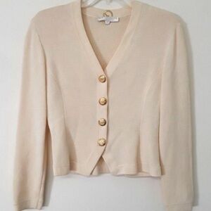 St. John Women Basics Cream Gold Tone Button V-Neck Cardigan Sweater Size P